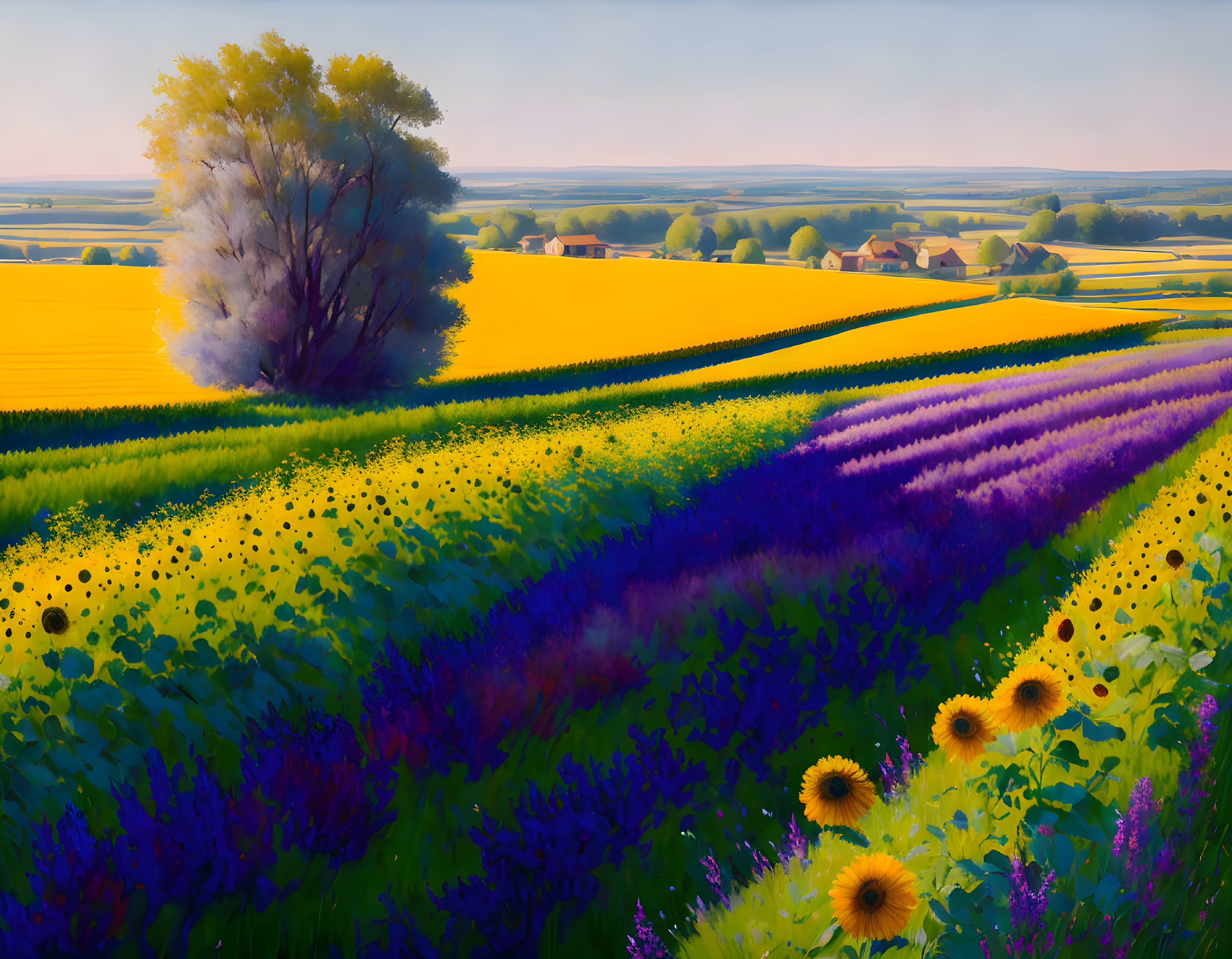 Colorful Flower Fields and Solitary Tree in Landscape Scene