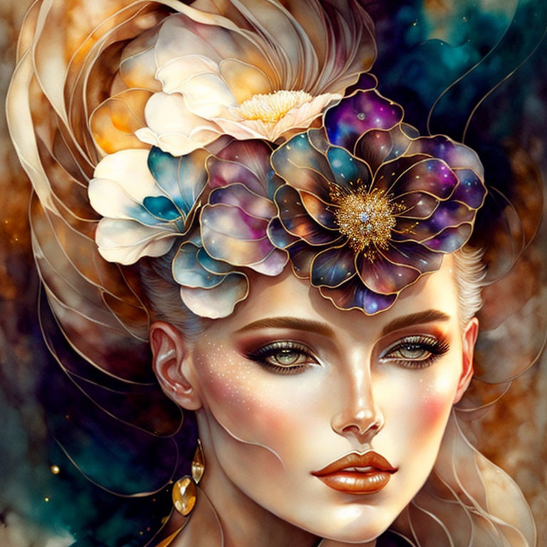 Vibrant flower-haired woman in cosmic setting