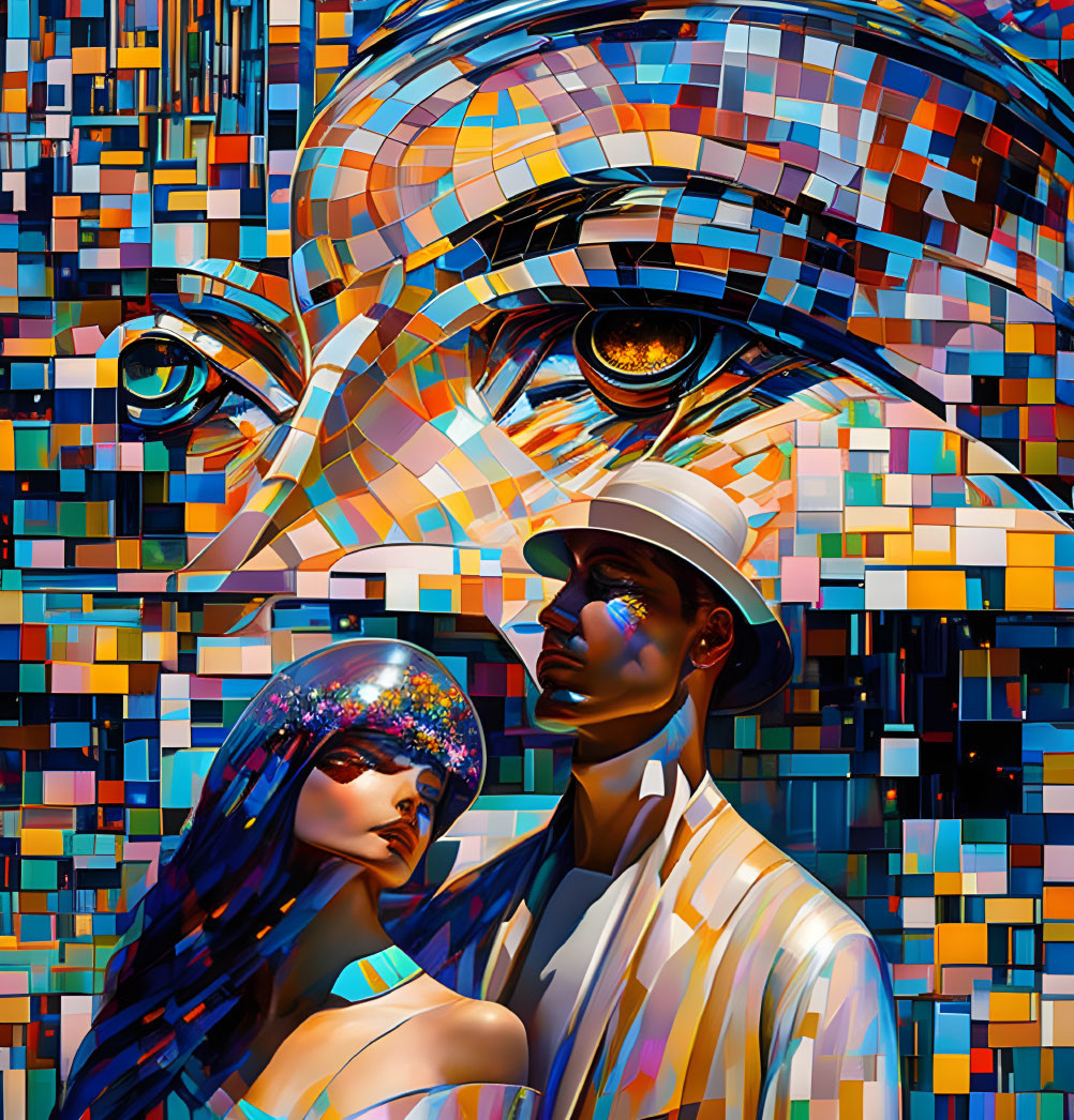 Colorful mosaic art of man and woman with angular features