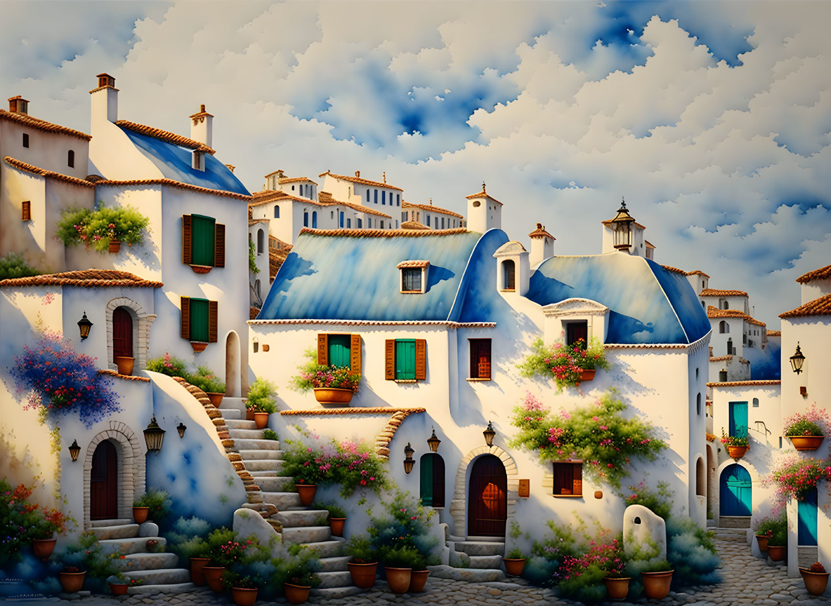 White Houses, Blue Roofs, Vibrant Flowers: Sunny Village Scene