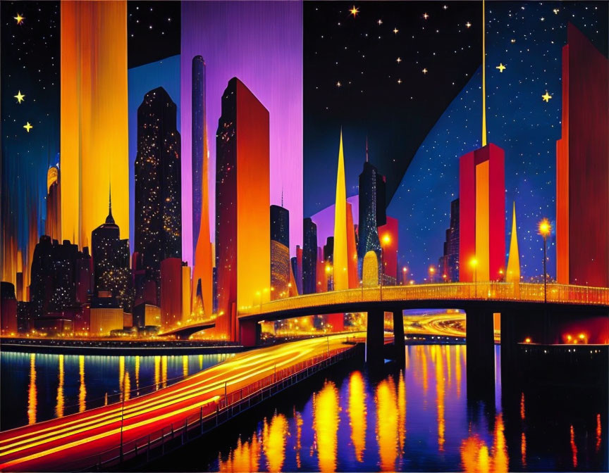 Colorful cityscape illustration: night scene with starry sky, skyscrapers, bridges, and