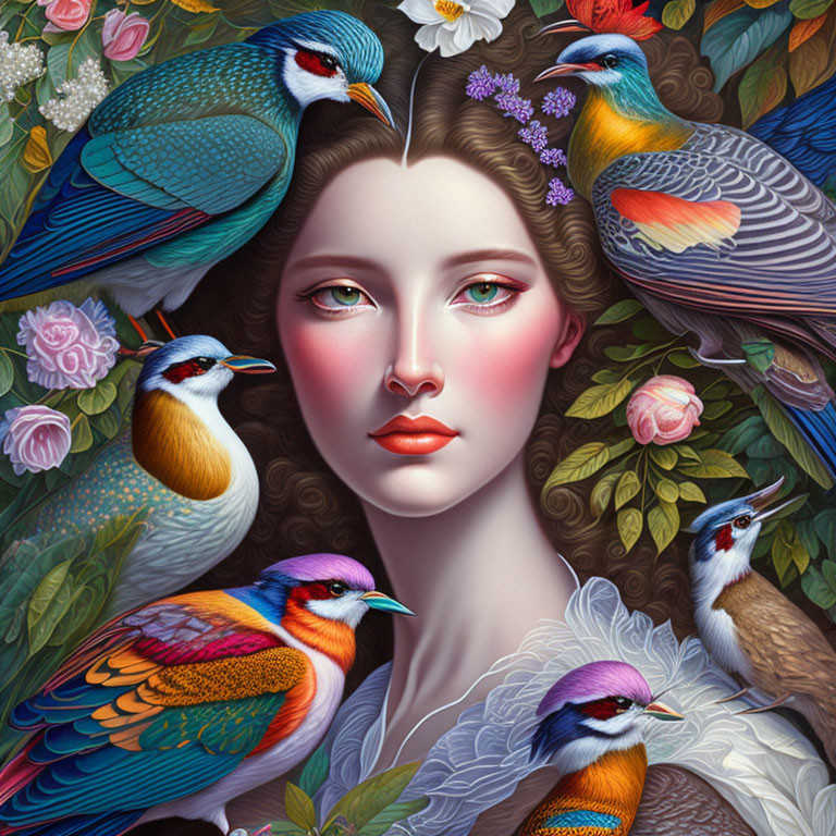 Colorful portrait of woman with ornate birds in floral setting