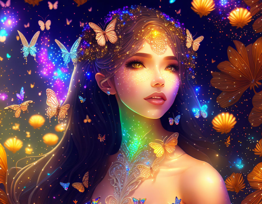 Woman with shimmering hair and glowing butterflies in colorful, starry setting