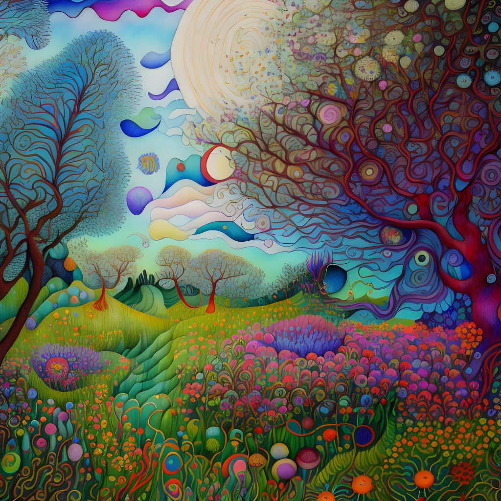 Colorful surreal landscape with stylized trees and swirling sky