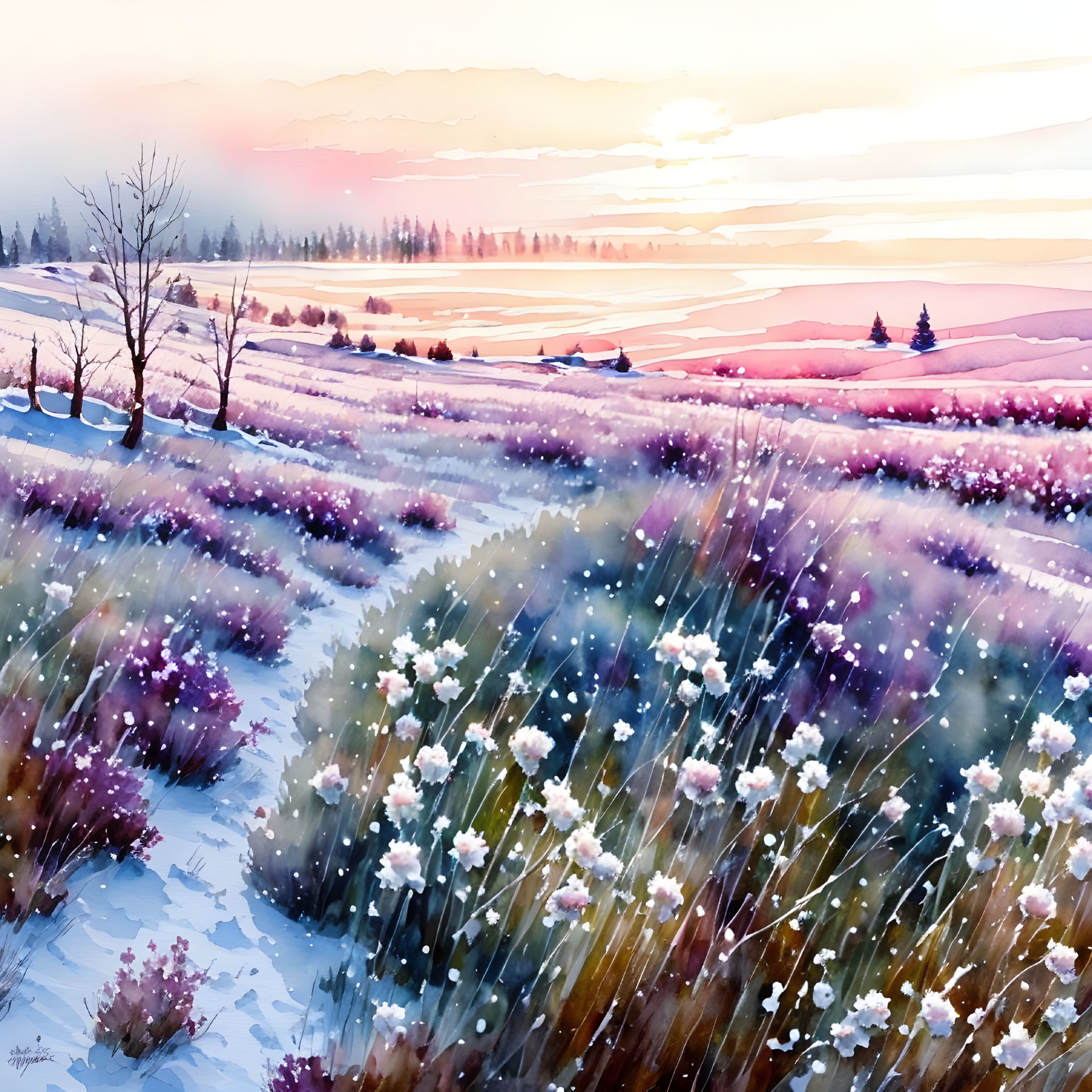 Winter landscape painting: colorful sunset, snowy field, purple flowers, distant house