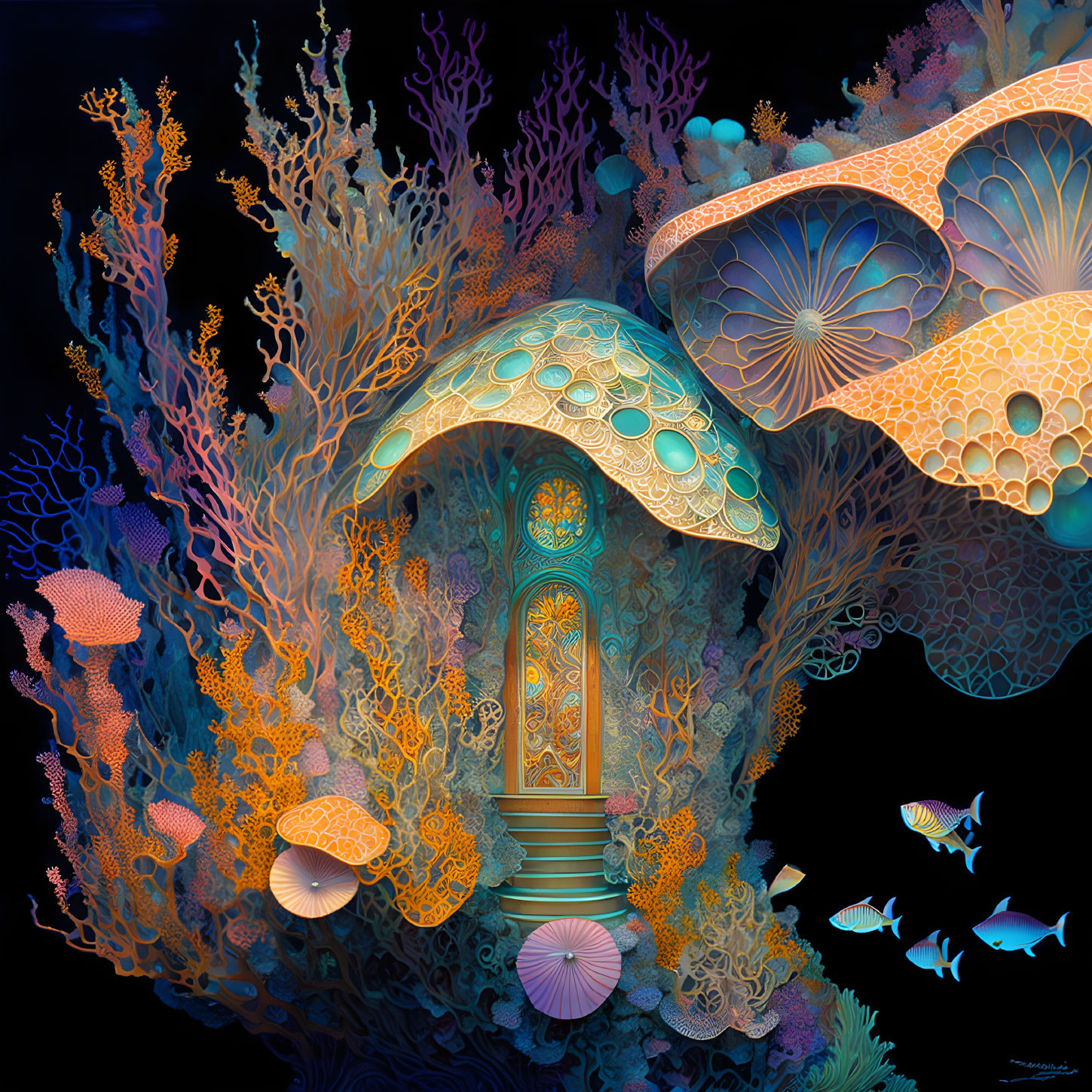 Colorful underwater fantasy scene with glowing patterns and vibrant marine life