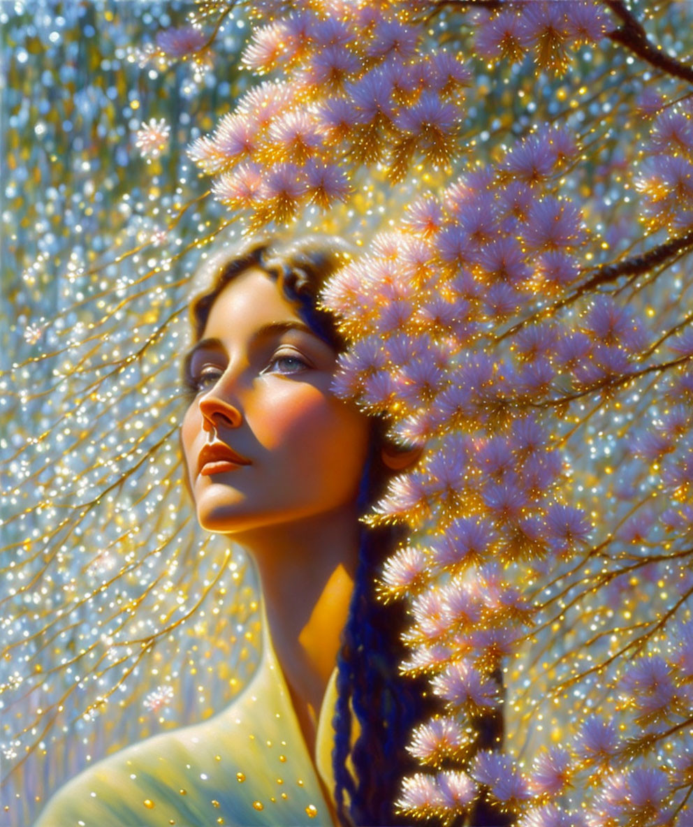 Woman surrounded by pink blossoms and light in serene setting