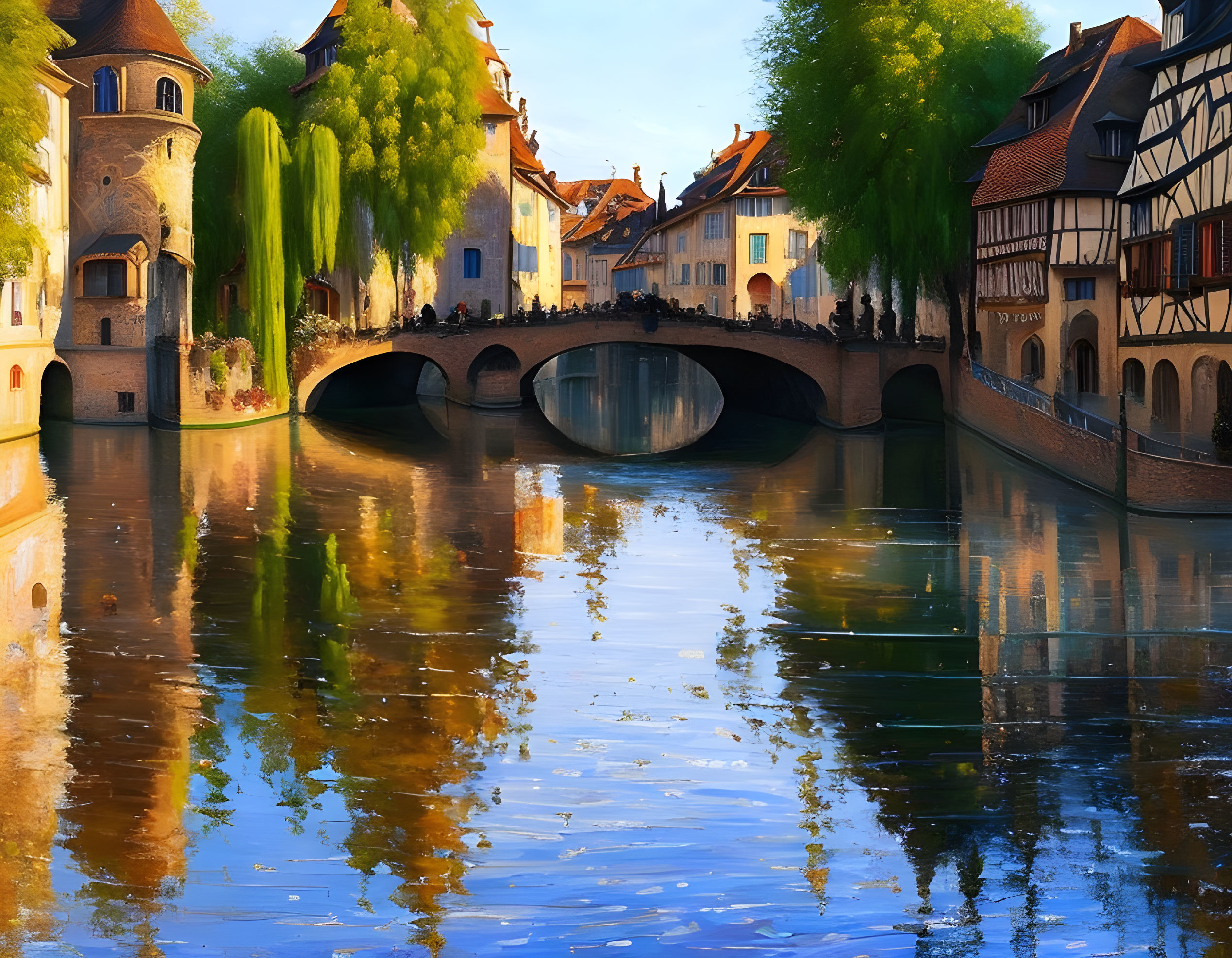 Half-timbered buildings and stone bridge in a historic European town