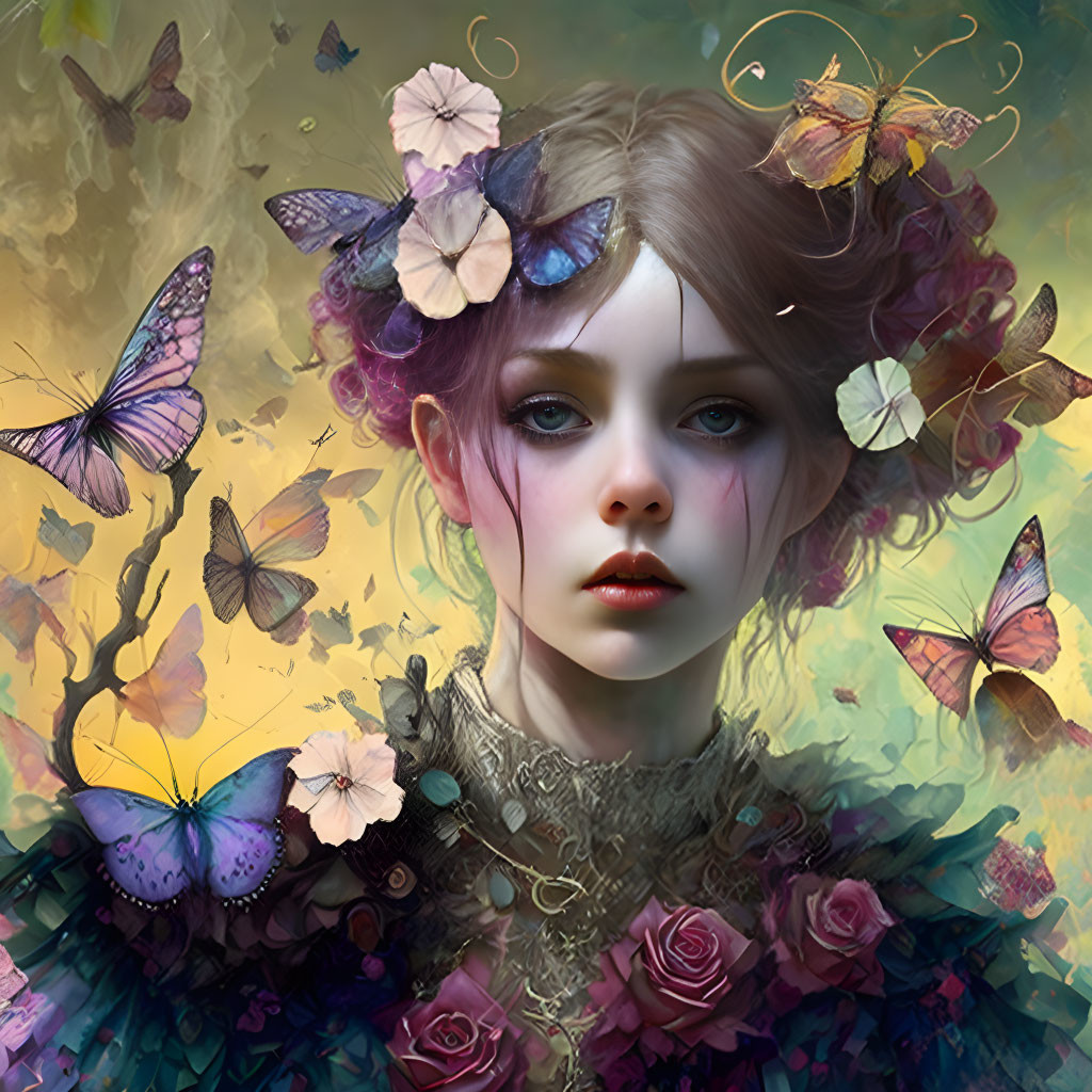 Surreal portrait of young woman with butterflies and roses on ethereal backdrop