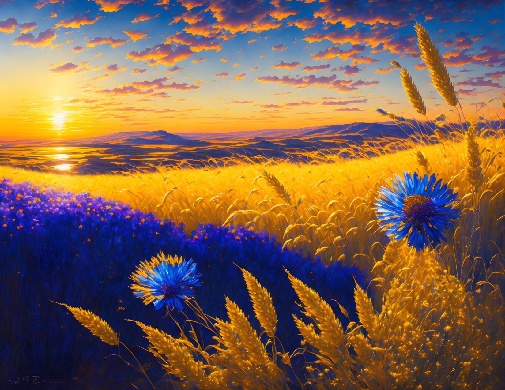 Colorful sunset painting over wheat field with blue flowers and clouds.