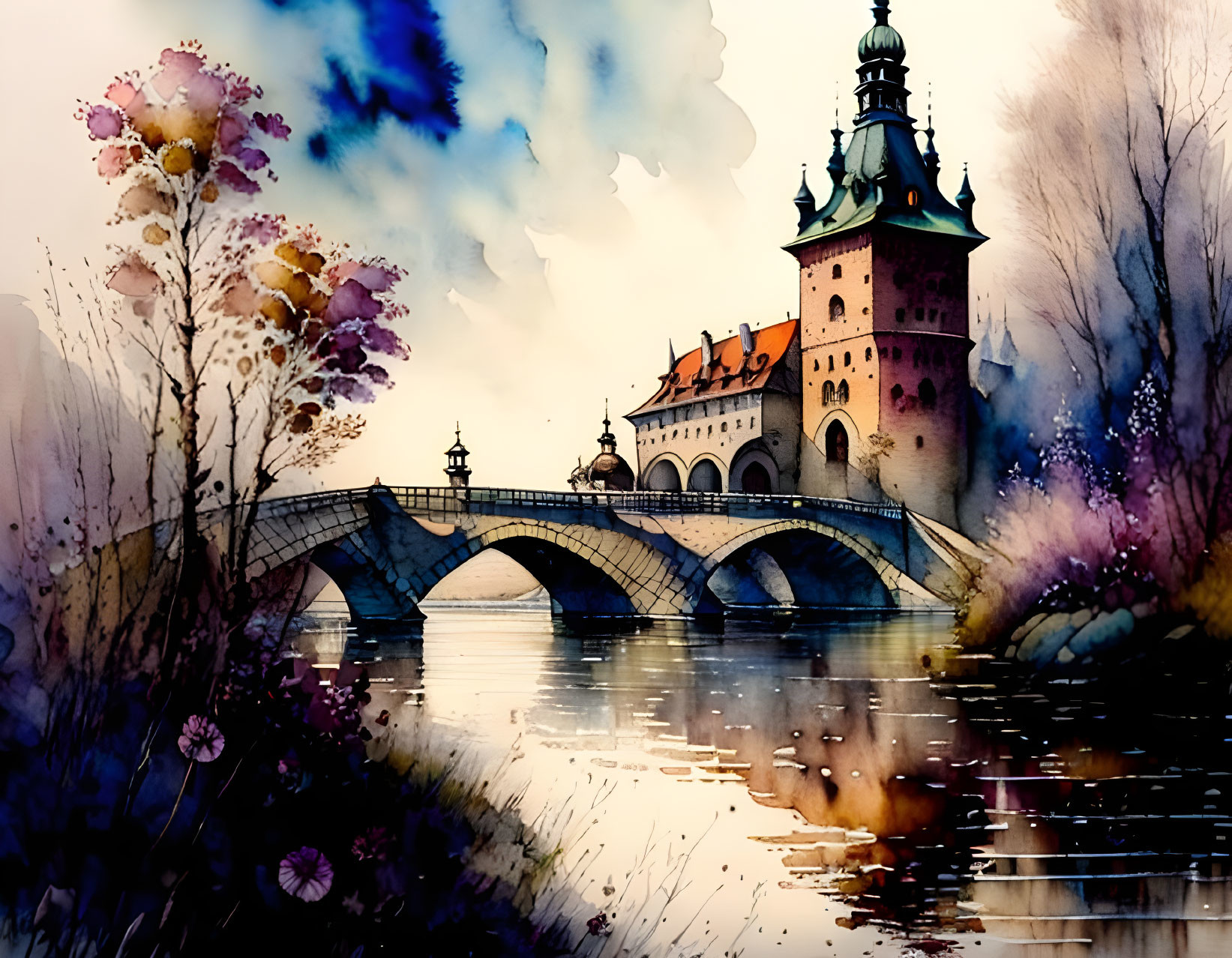 Scenic watercolor: castle with spire, arched bridge, reflective river, flora, colorful