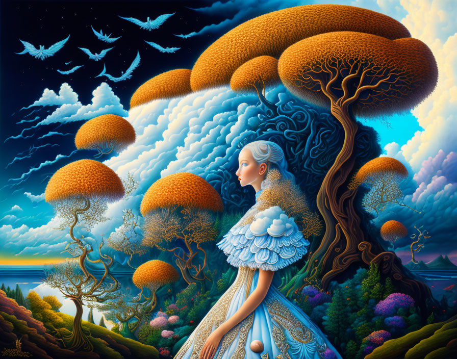 Surreal painting of woman blending into fantastical landscape