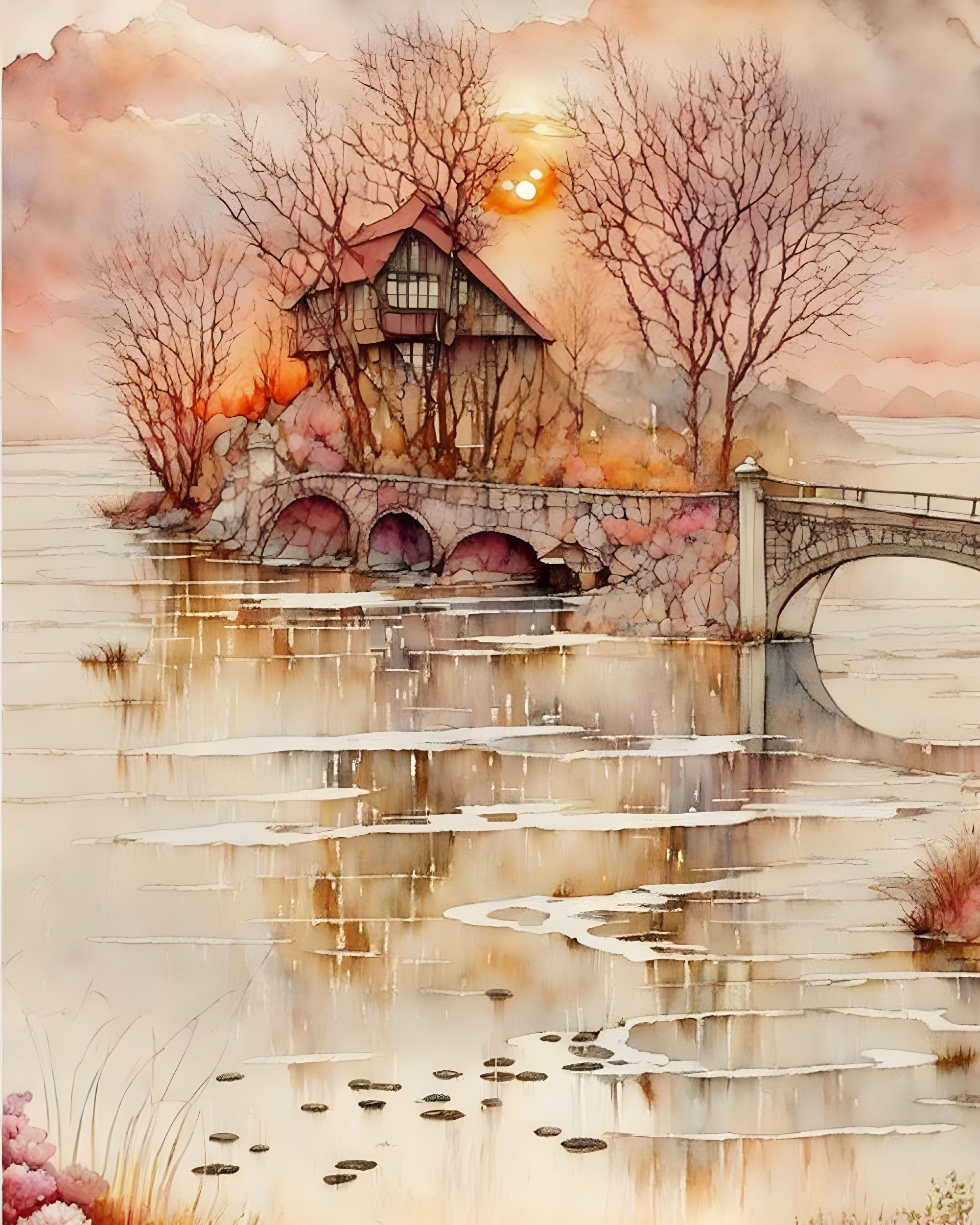 Tranquil sunset landscape with house on arch bridge