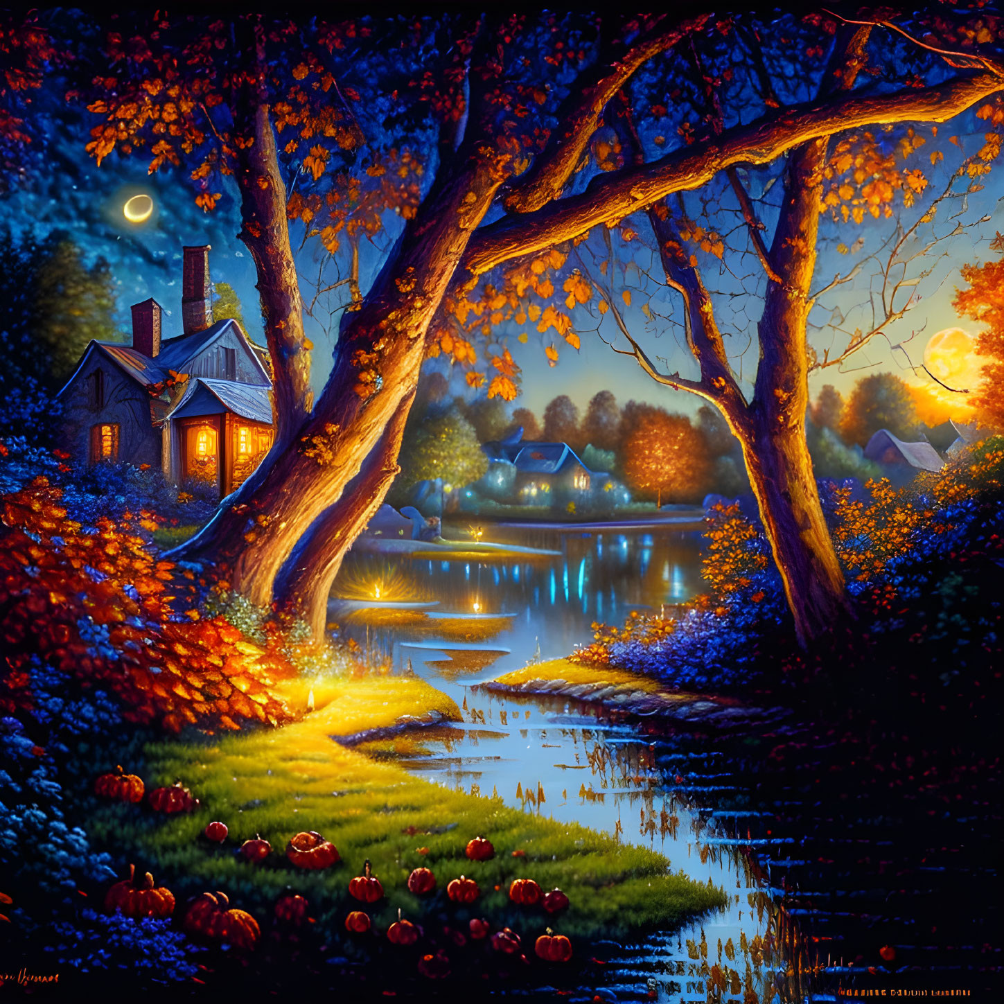 Autumn night: Cozy house by pond, fall trees, glowing pathway, pumpkins.