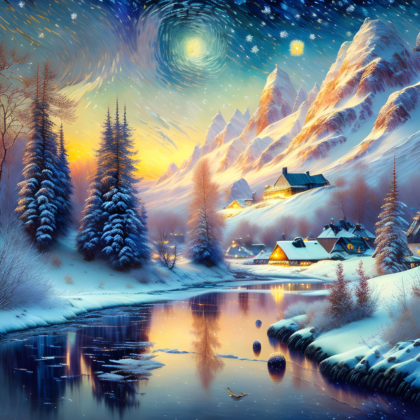 Surreal winter landscape: snow-covered trees, reflective river, illuminated houses, whimsical starry