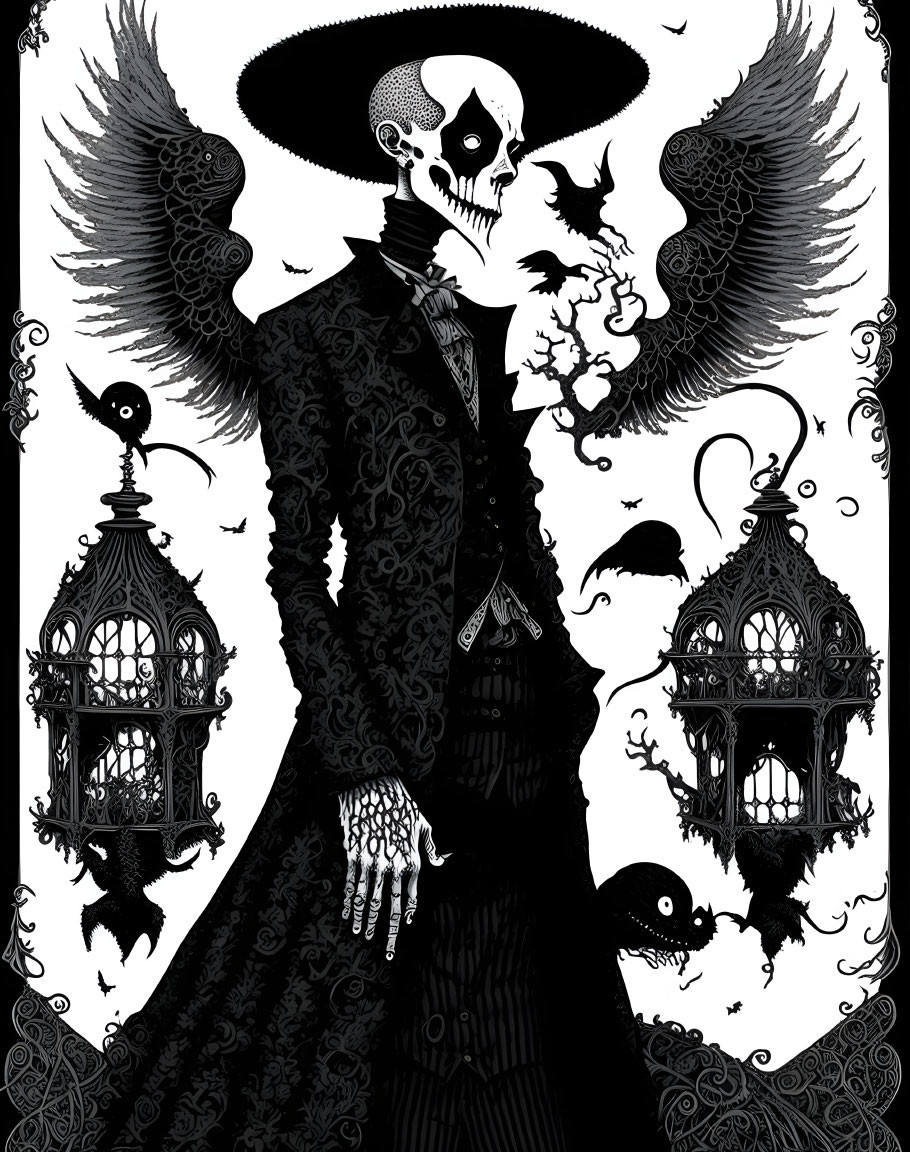 Monochromatic skeletal figure in Victorian attire with wings, birds, cages, and florals