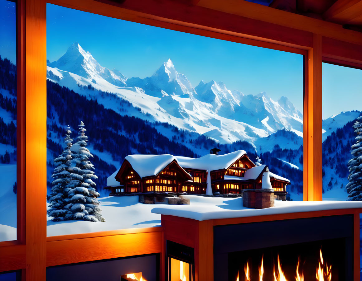 Snow-covered mountain chalet with illuminated windows and alpine backdrop seen from cozy room with fireplace