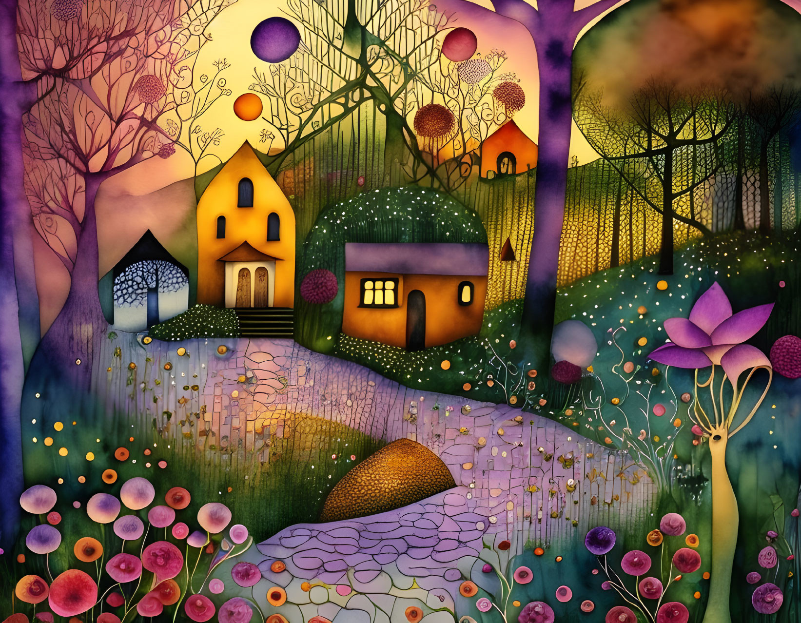 Colorful Whimsical Painting of Stylized Houses and Fantastical Flora