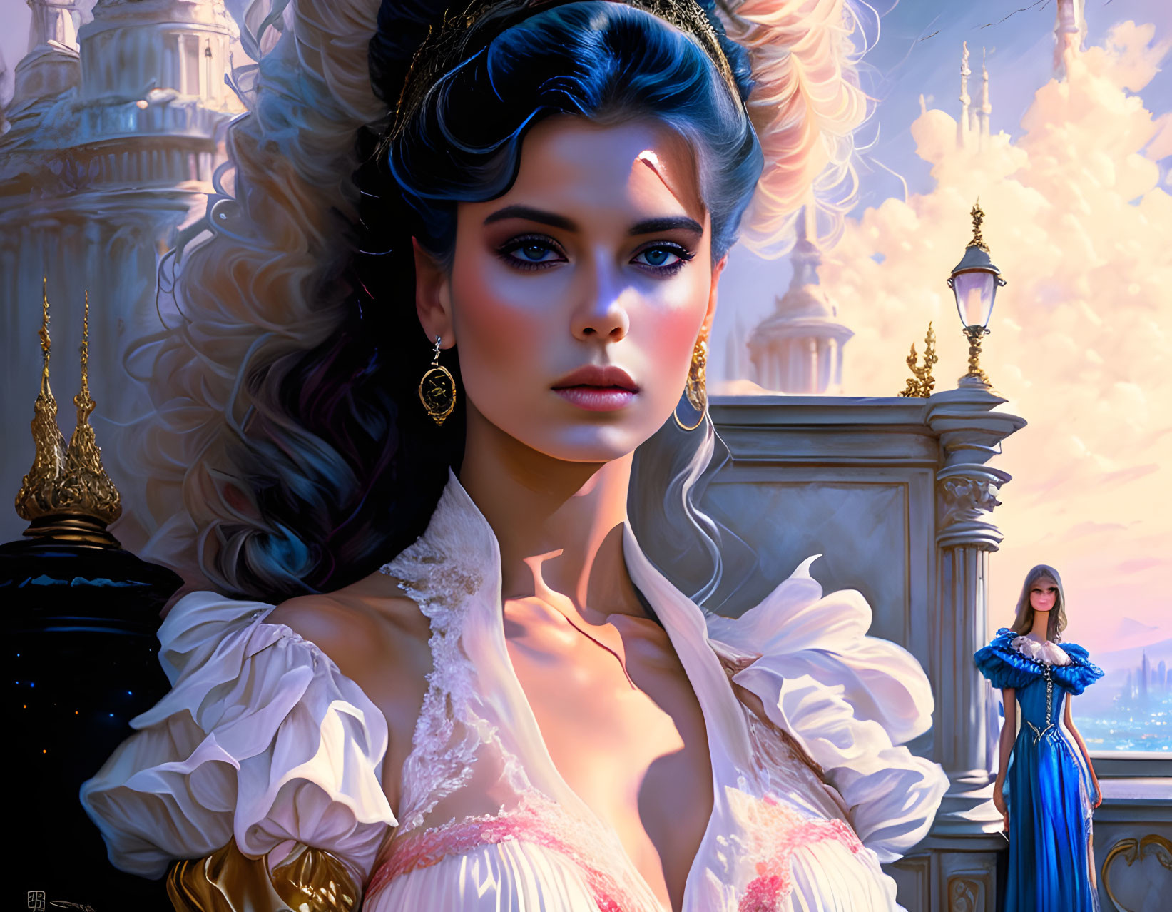 Illustrated portrait of woman with blue eyes, white dress, ornate hairstyle, against fantastical city