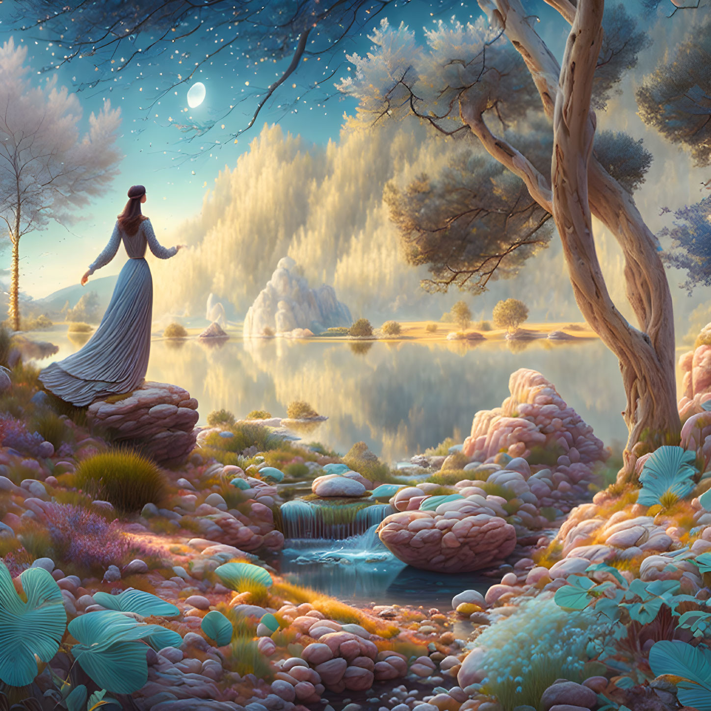 Moonlit lake landscape with woman and waterfalls