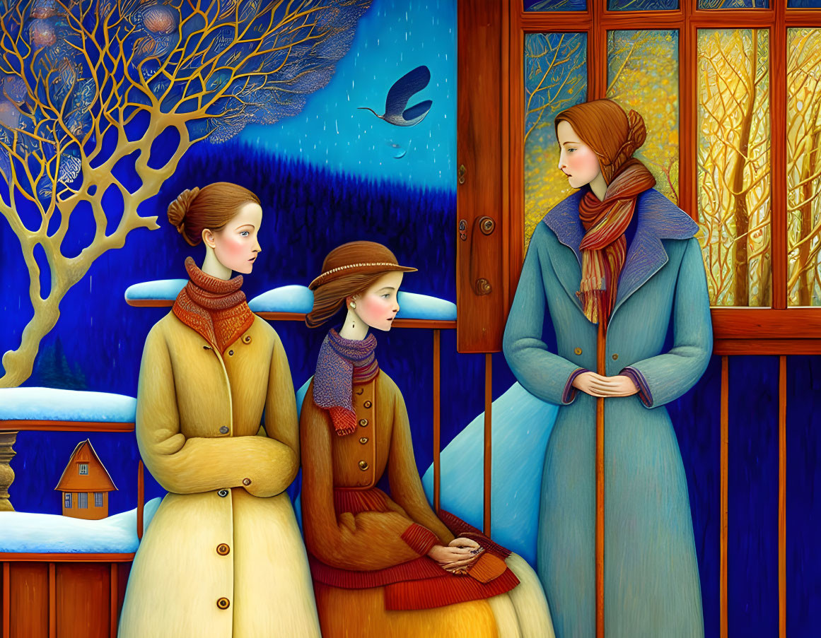 Three women in scarves by window with winter scene and flying bird.