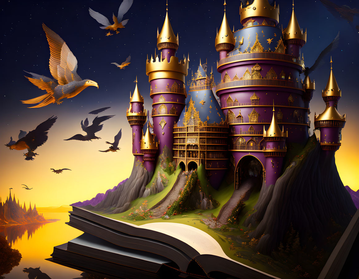 Fantasy castle with purple and golden towers on cliffs in a storybook setting under twilight sky.