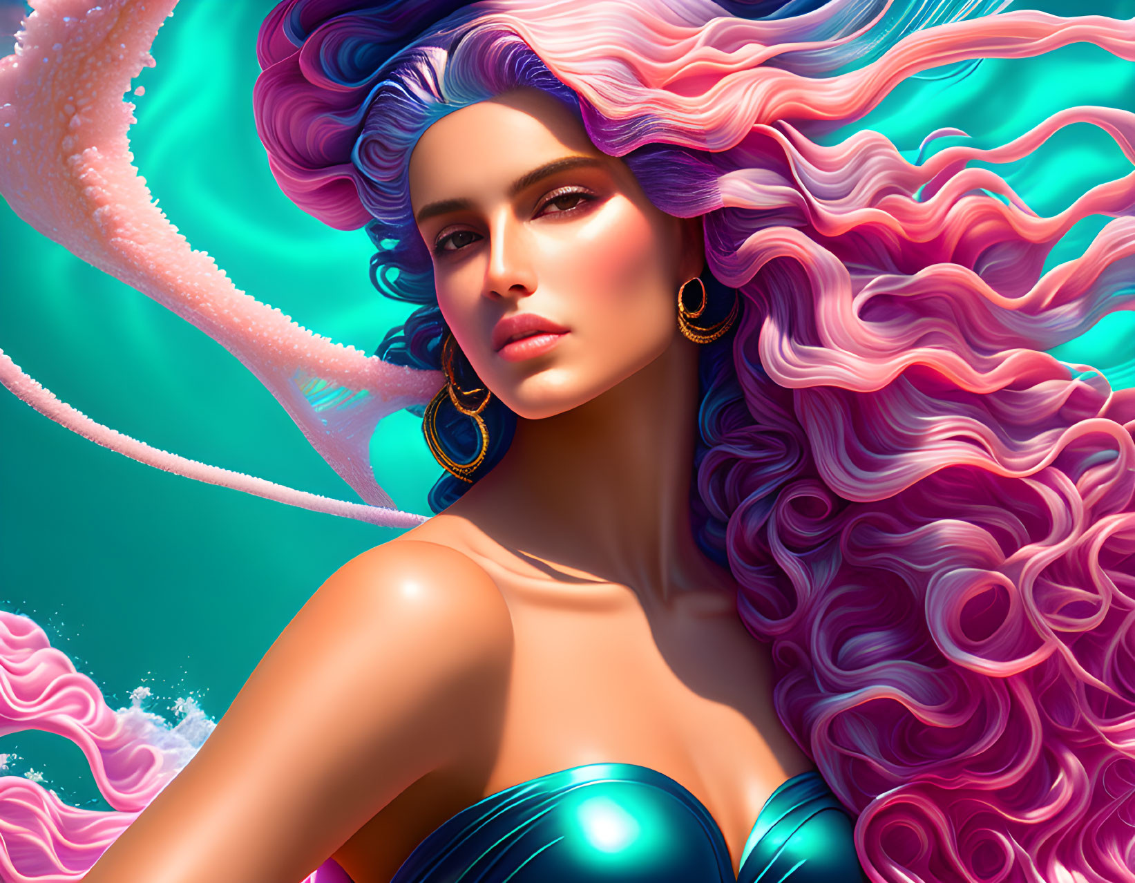 Colorful digital artwork of woman with pink and purple hair on turquoise background.