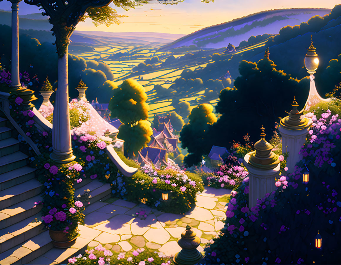 Stone Staircase Overlooks Lush Valley at Dusk