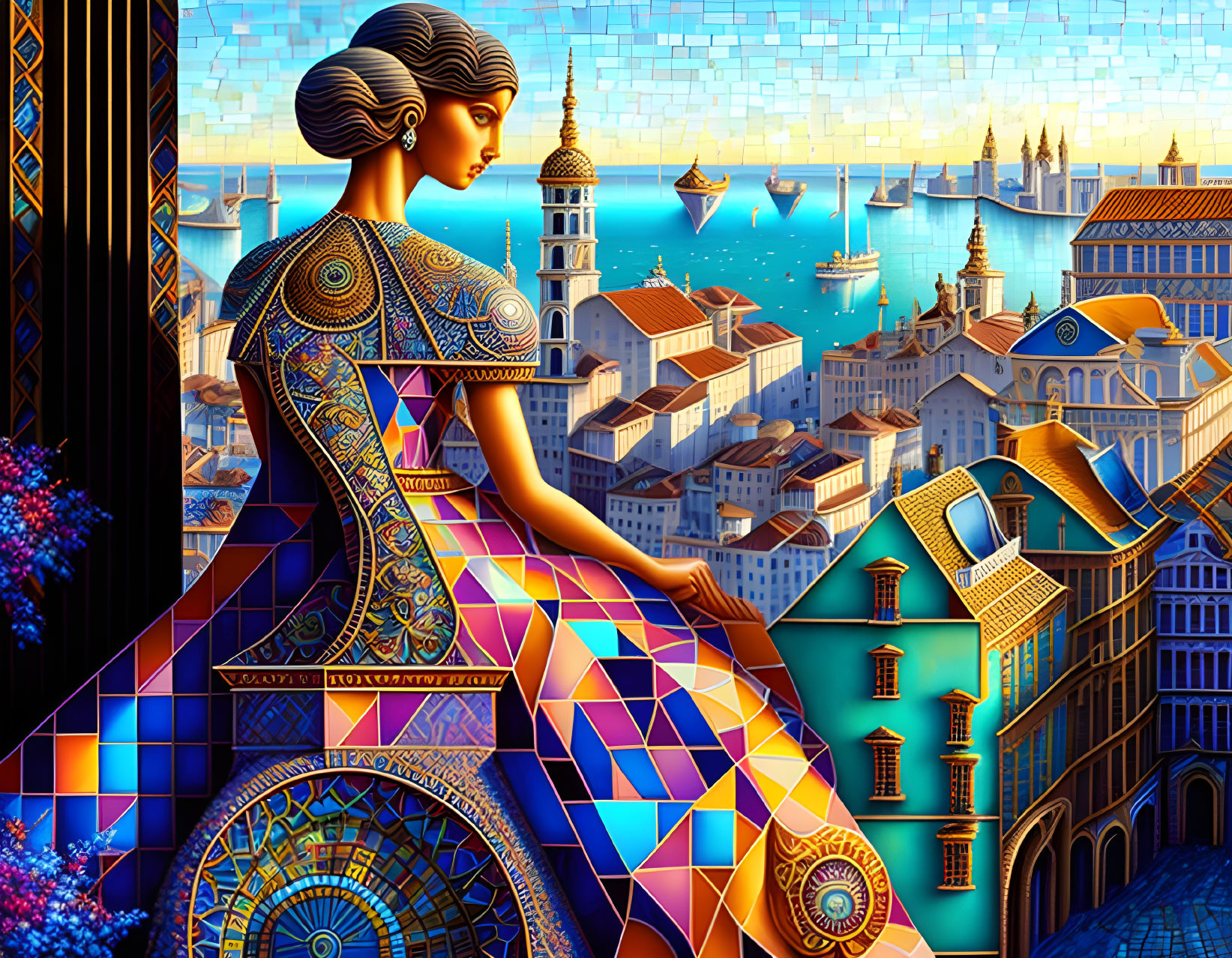 Profile of woman admiring vibrant coastal town with boats and towers in mosaic texture