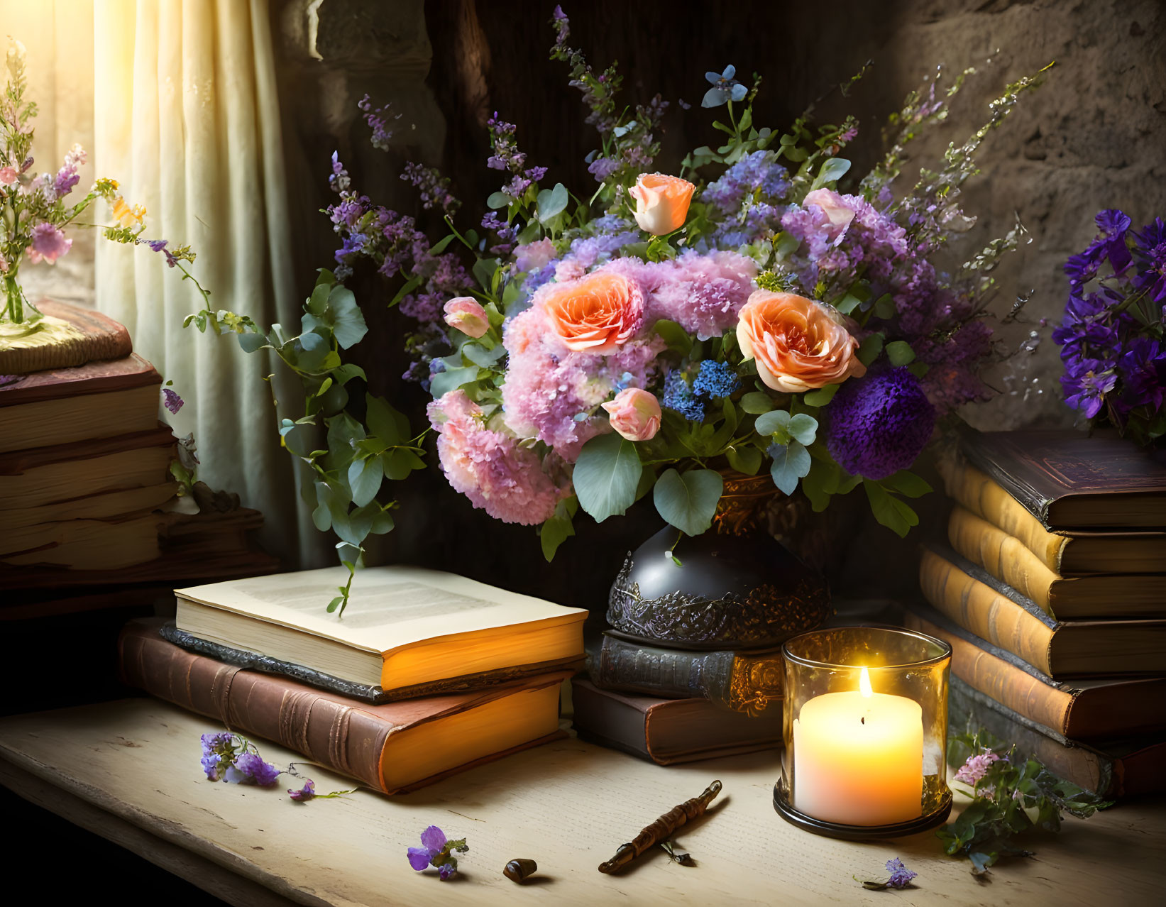 Vibrant bouquet, candle, books, sunny window arrangement