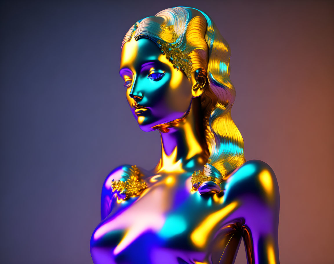 Colorful digital artwork: Woman with metallic sheen in gold, blue, and purple.