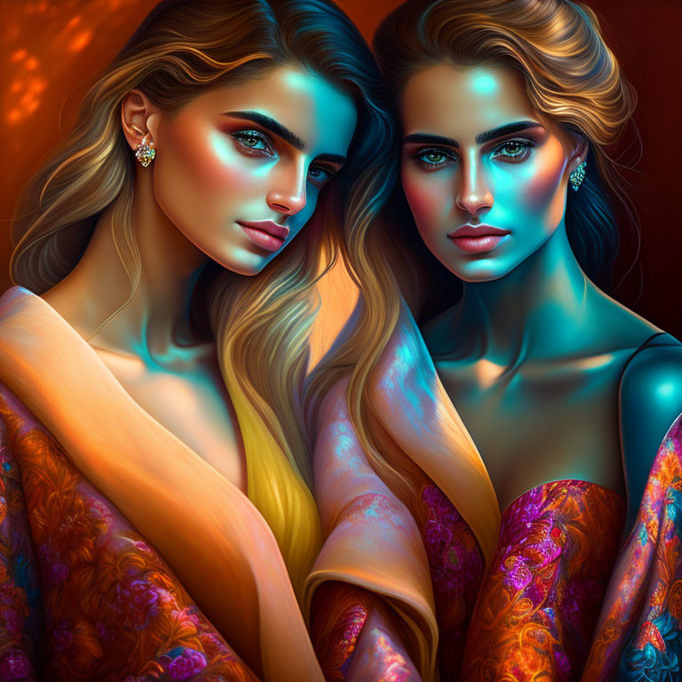 Vibrant blue and golden-haired women in digital art