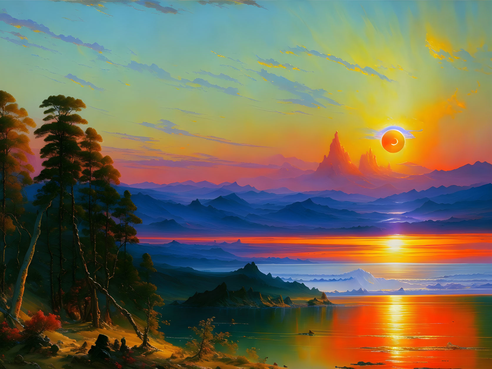 Scenic sunset eclipse over layered mountain landscape reflected in tranquil water