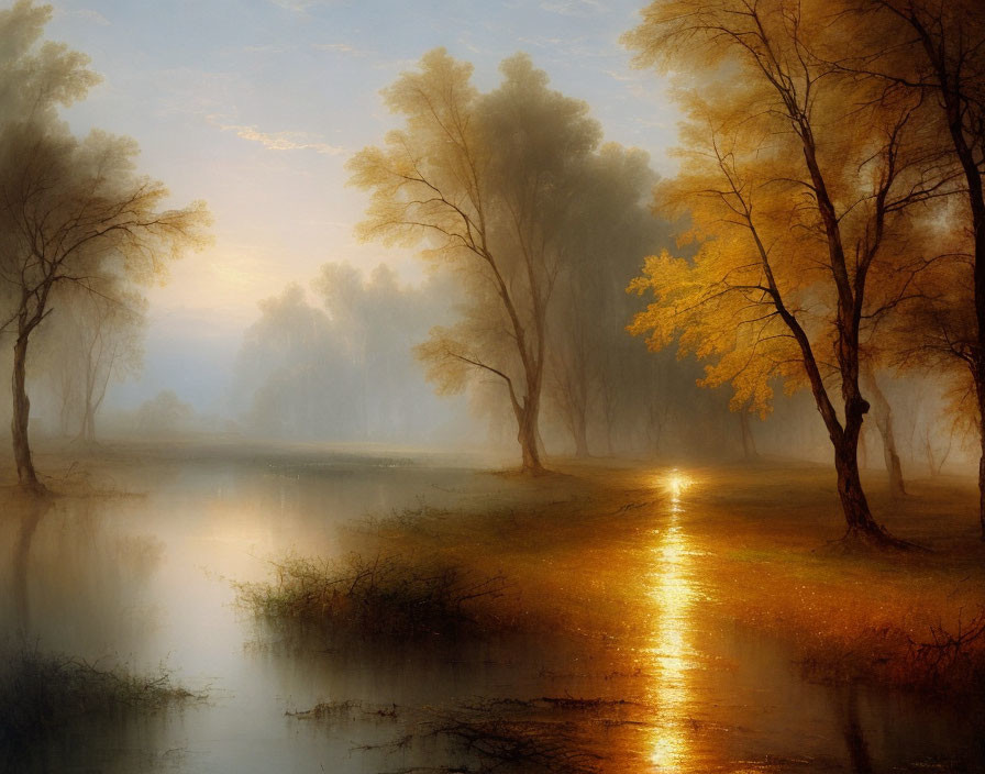 Tranquil river landscape with autumnal trees and golden sunlight