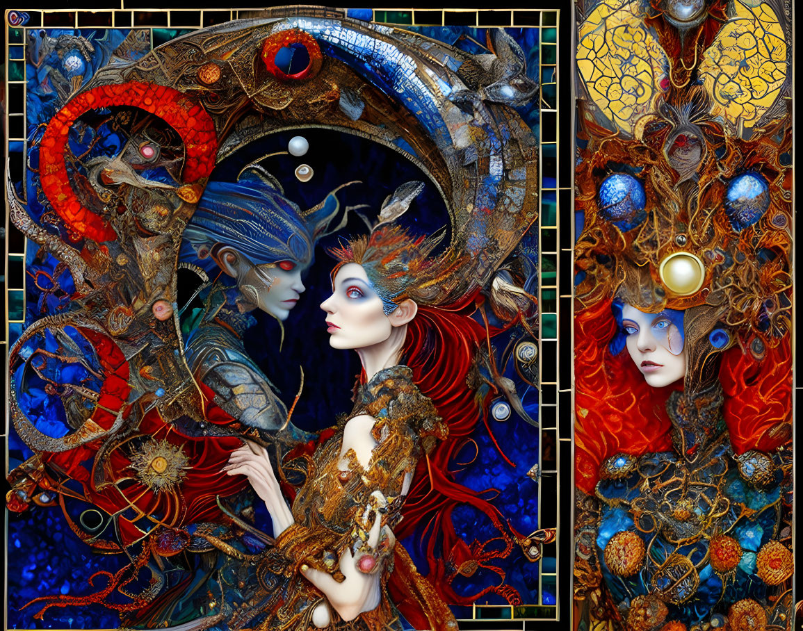 Colorful Artwork Featuring Stylized Figures and Celestial Motifs