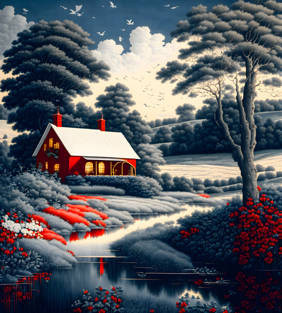 Nocturne scene: Red-roofed house, lush trees, pond, birds under moon