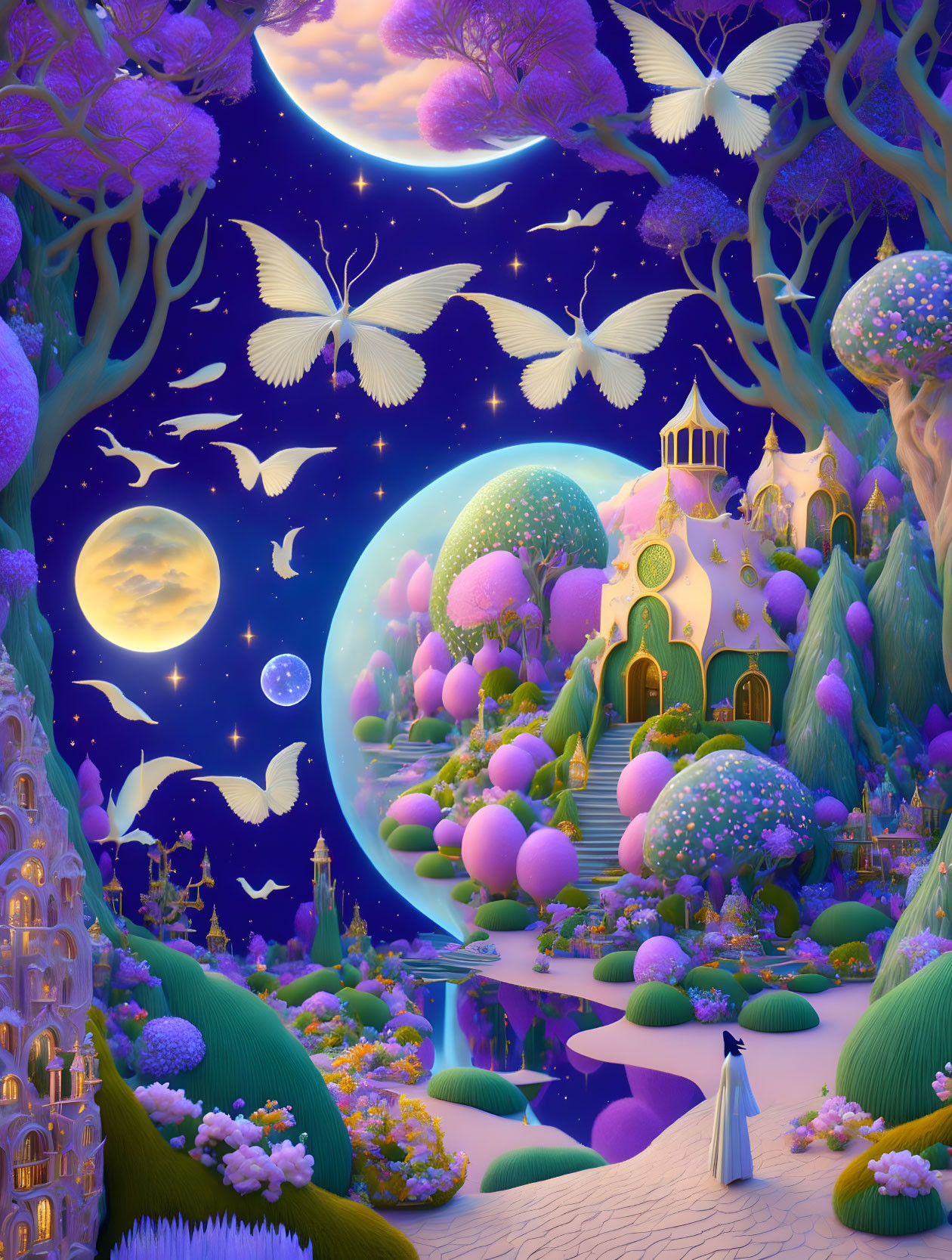 Moonlit sky with glowing butterflies and figure in blue cloak on whimsical path to colorful castles in