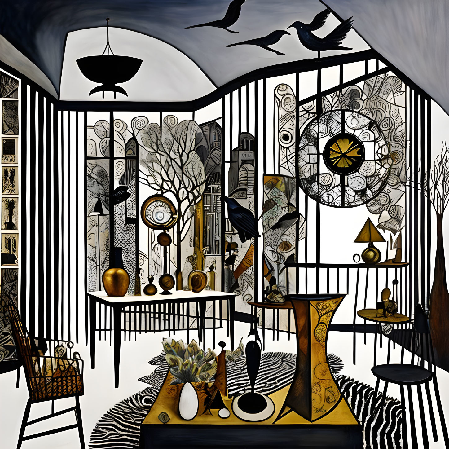 Surreal monochromatic room with striped patterns, stylized trees, birds, clocks, and