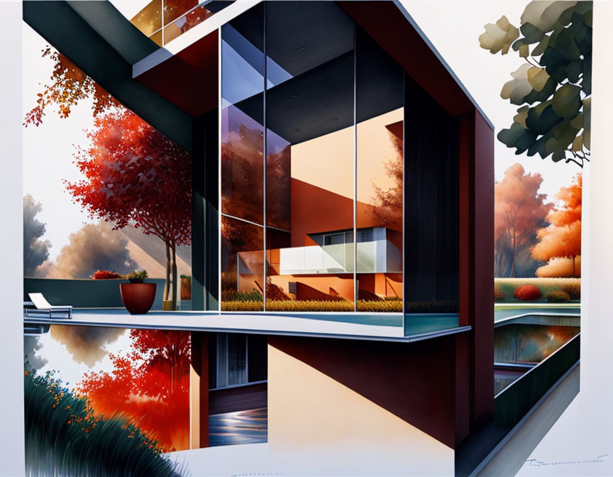 Contemporary House with Large Glass Windows and Autumn Reflections