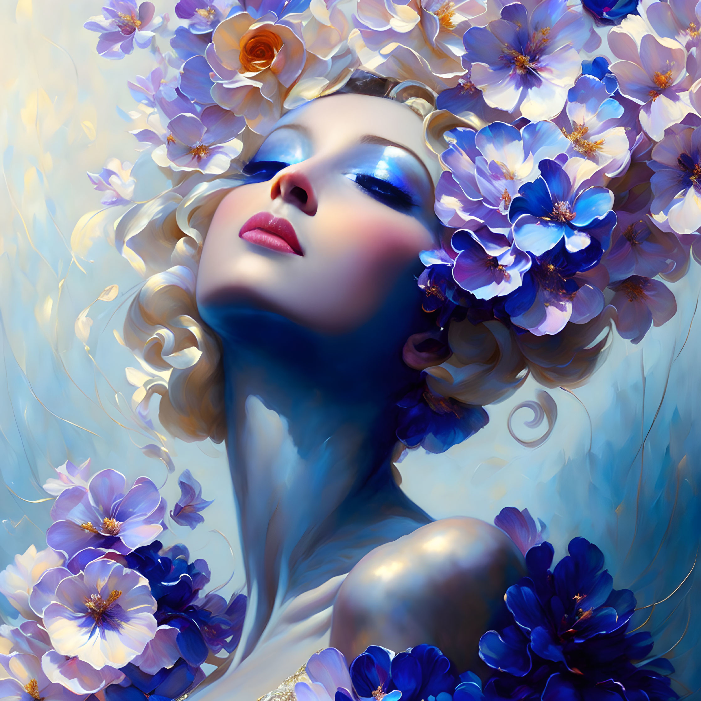 Ethereal woman with blue flowers in hair on blue backdrop