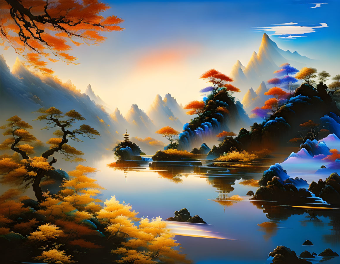 Autumnal landscape with misty mountains, serene lake, and blue sky