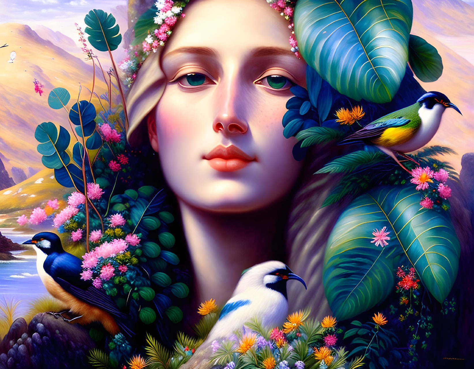 Surreal portrait: woman's face merges with nature, vibrant leaves, flowers, colorful birds,