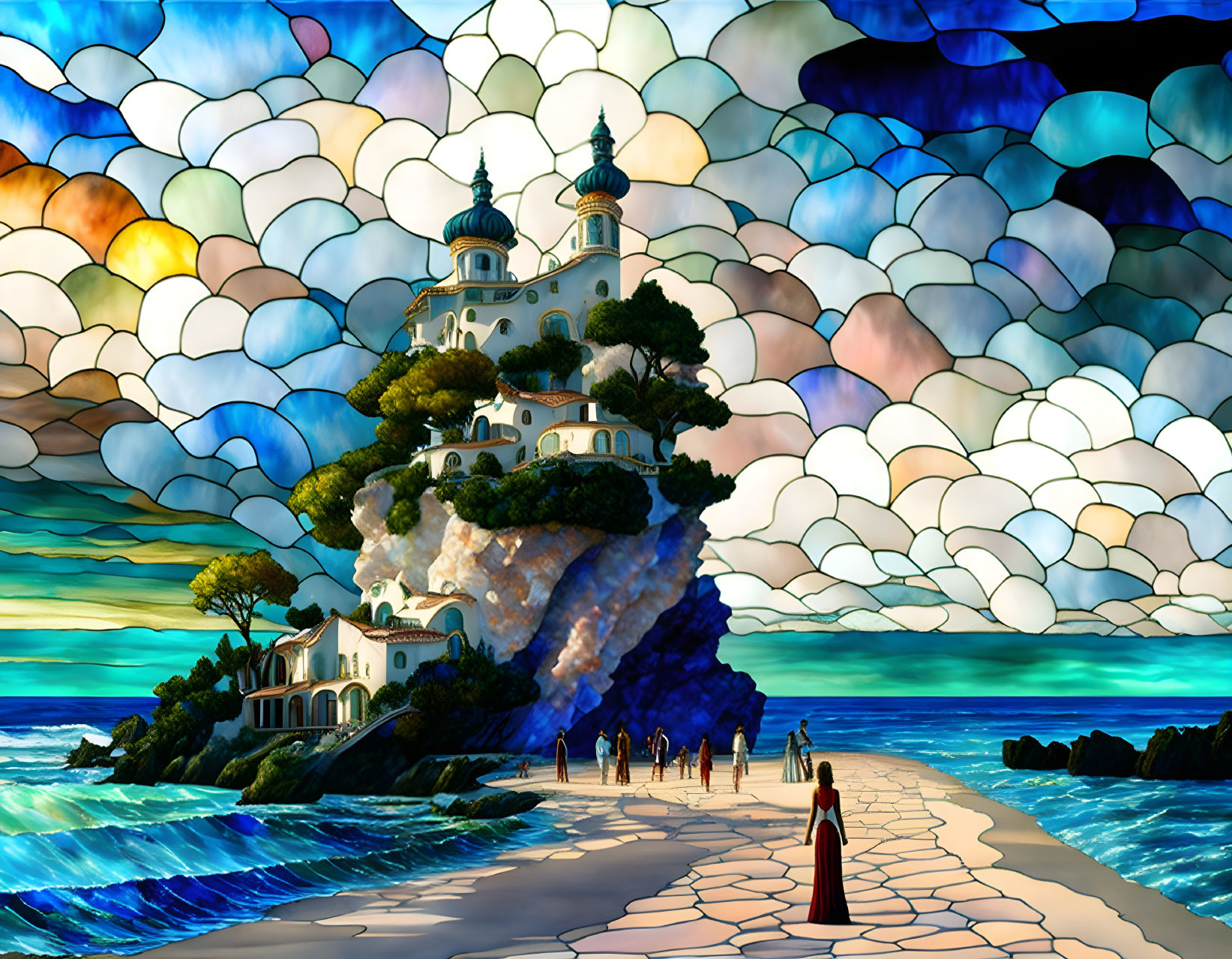 Surreal landscape with people on path by the sea and whimsical cliff-top building