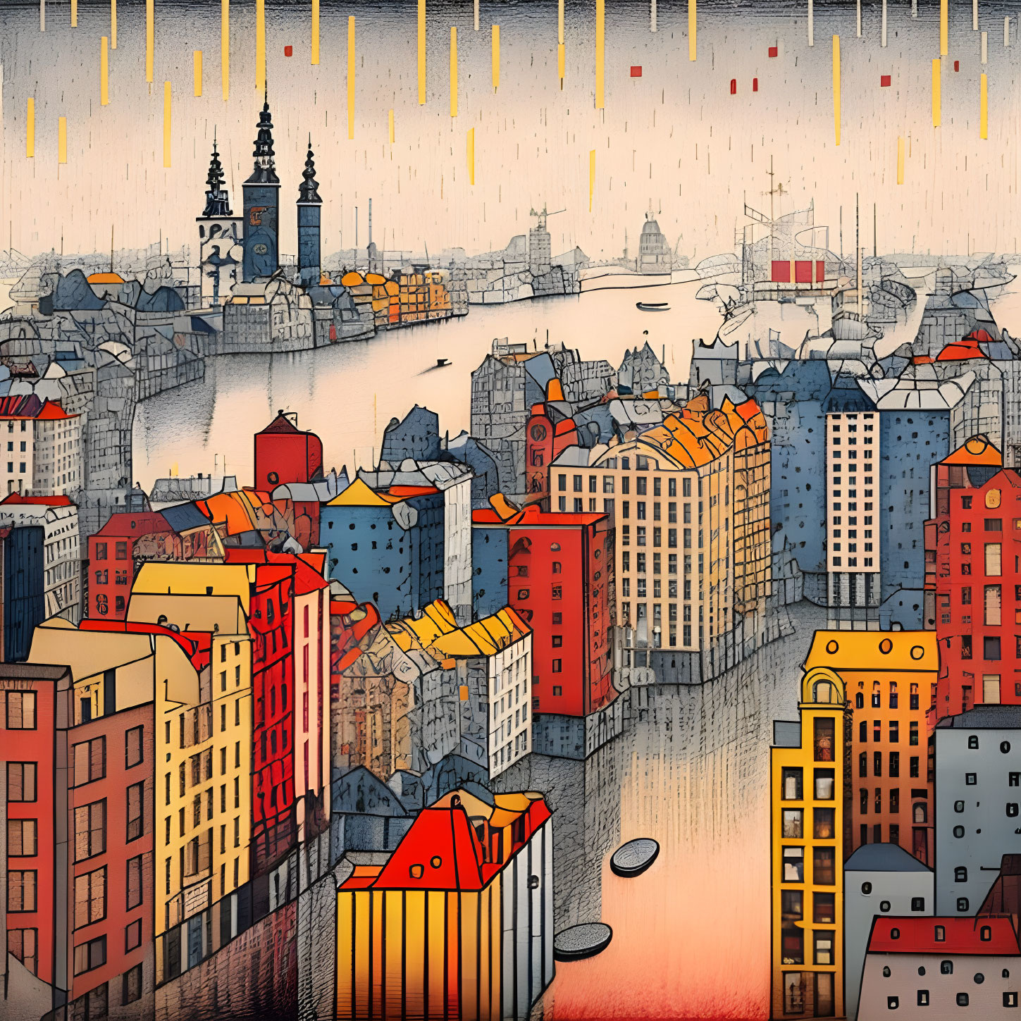 Colorful Stylized Cityscape with Architectural Details and Red & Yellow Rectangles in Orange Sunset