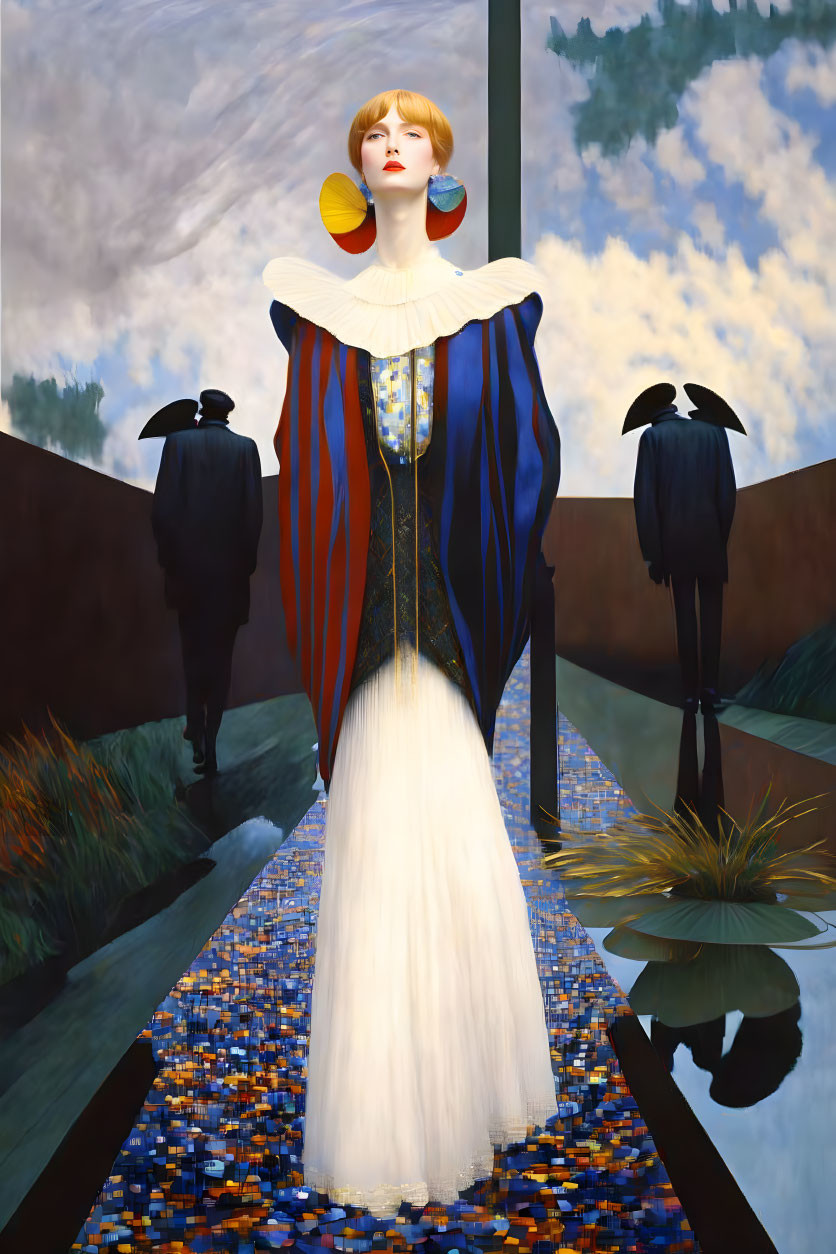 Poised woman in colorful gown with blackbird figures on mosaic path