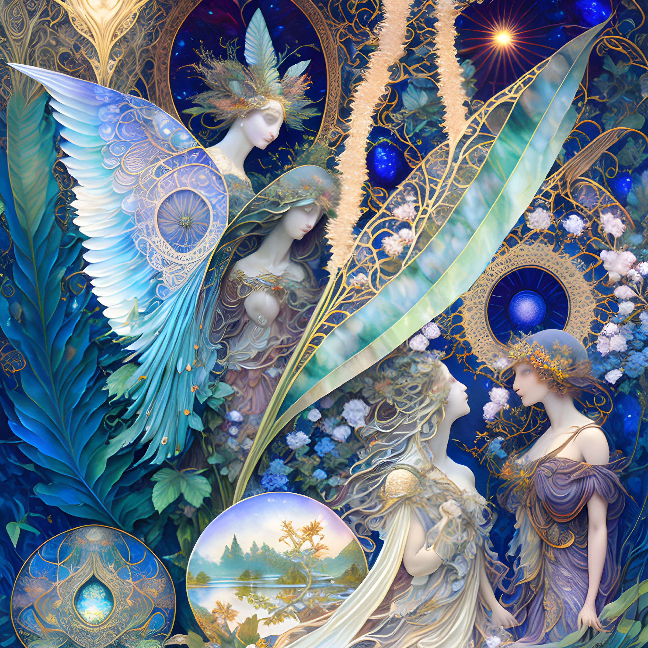 Fantastical illustration of ethereal female figures with ornate wings and intricate gold and blue patterns