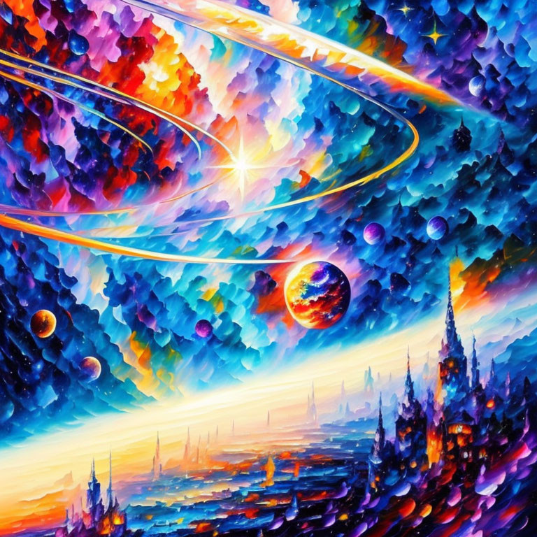 Abstract cosmic painting with swirling colors, planets, gas giant, stars, and castle silhouette