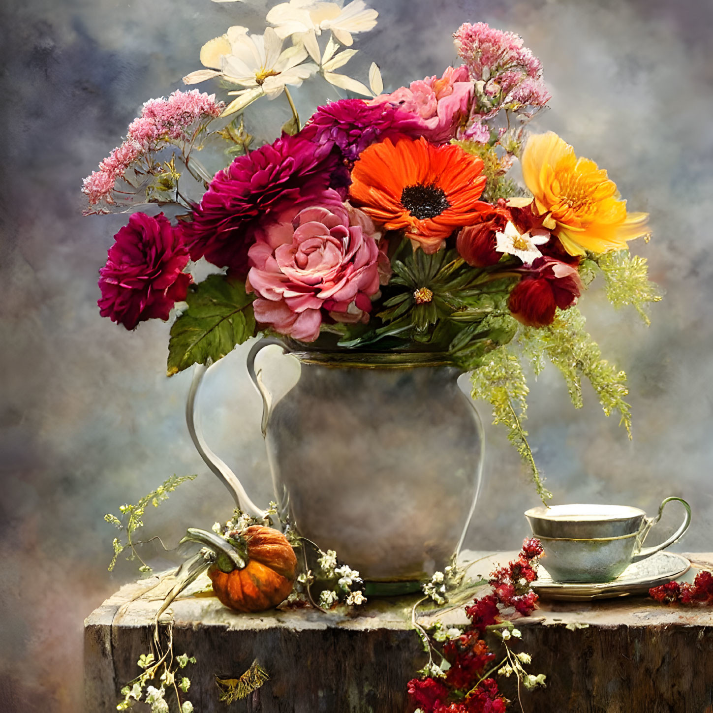 Colorful Flower Bouquet in Classic Jug on Rustic Table with Pumpkin and Teacup