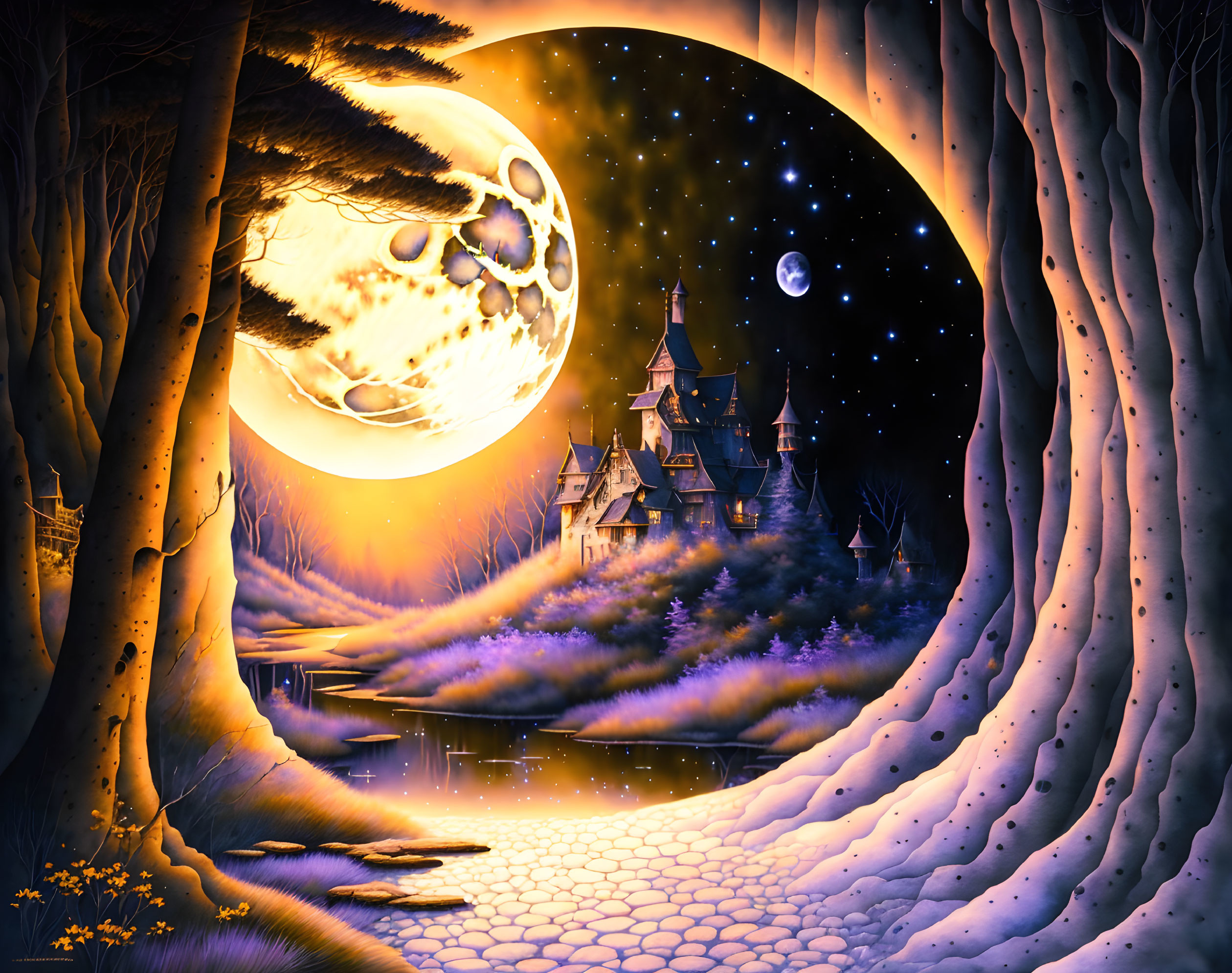 Fantasy landscape with moon, trees, castle, and glowing path