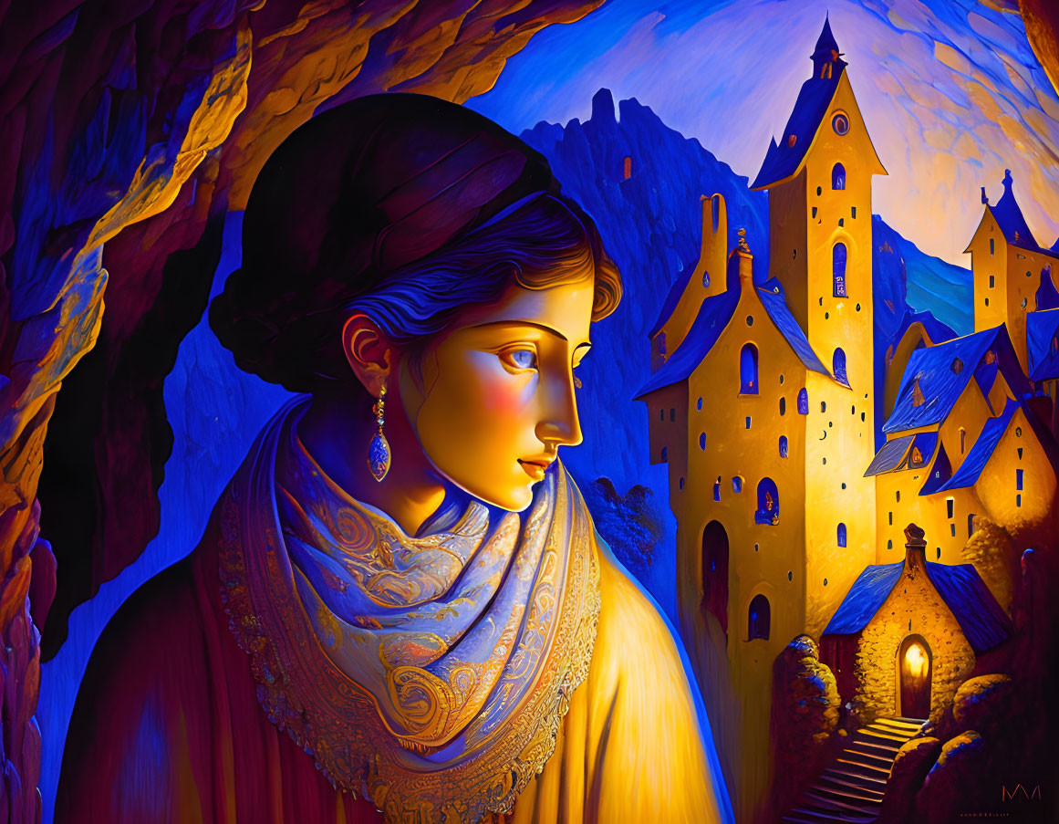 Woman in shawl gazes at glowing castle on rocky cliffs at twilight